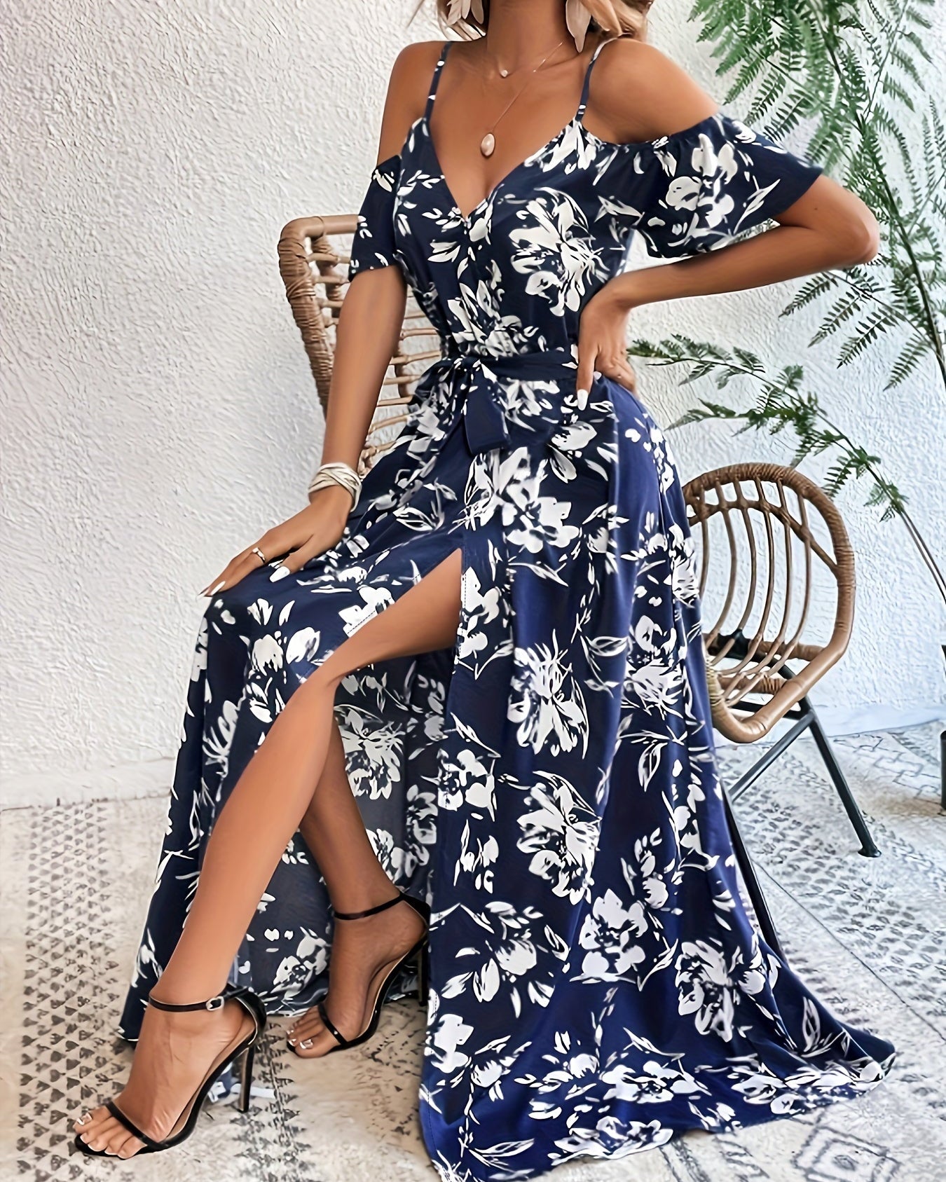 Vestido Sin Mangas de Impresión Floral con Alta Abertura para Mujeres