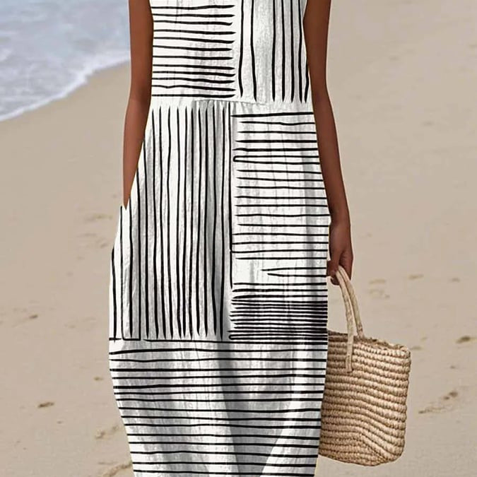 Zébre | Vestido Midi Patchwork Rayado Negro