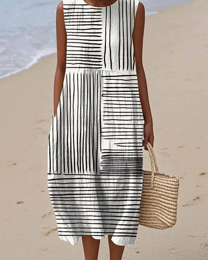 Zébre | Vestido Midi Patchwork Rayado Negro