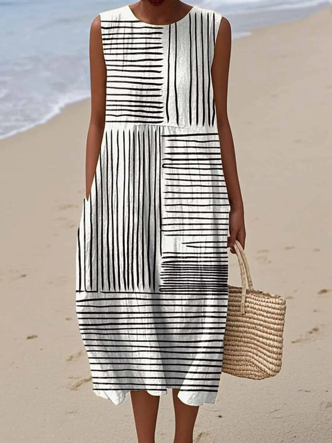 Zébre | Vestido Midi Patchwork Rayado Negro