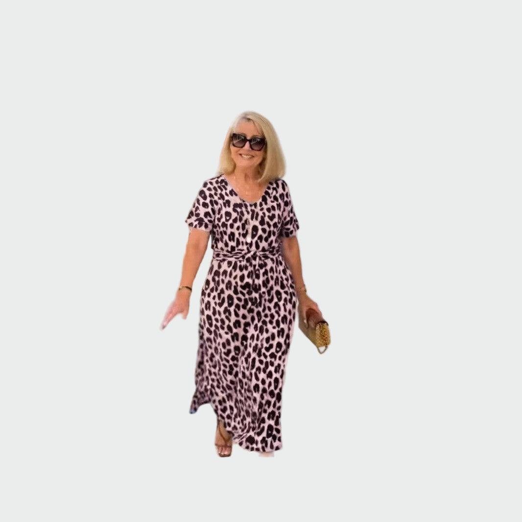 Vestido con Estampado de Leopardo y Impresionante Escote en V