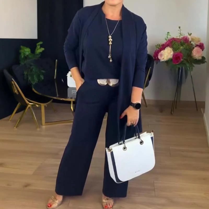 Conjunto Chic de 3 Piezas: Cárdigan Largo, Blusa y Pantalones