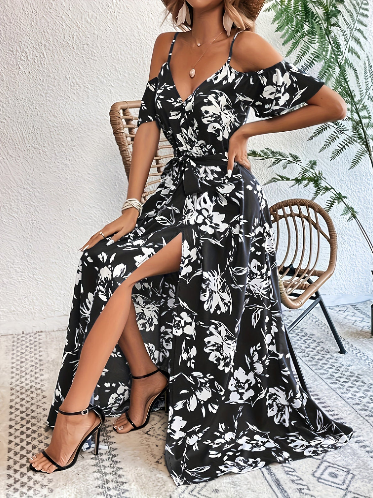Vestido Sin Mangas de Impresión Floral con Alta Abertura para Mujeres