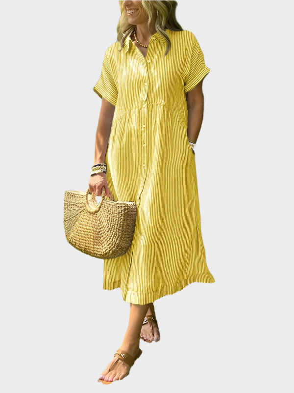Vestido Camisero a Rayas con Solapas, Botones y Bolsillos Funcionales