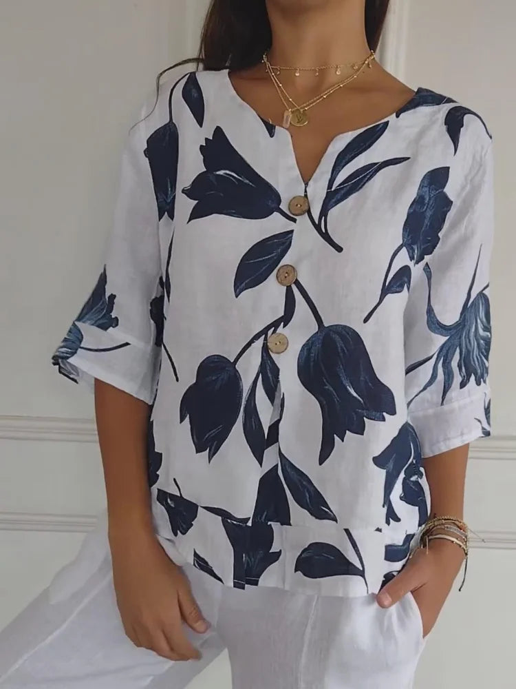 Denisa™ - Top de túnica estampado con escote en V