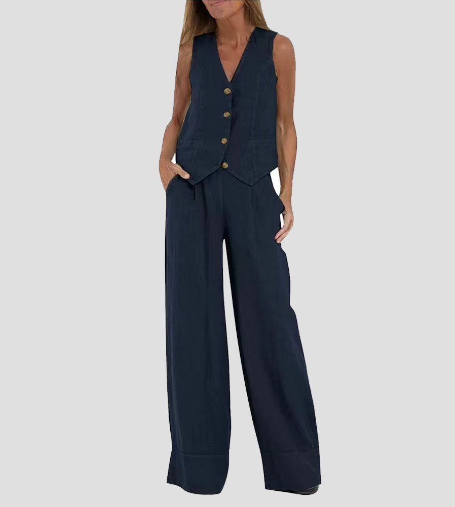 Aira - Conjunto de Chaleco con Botones y Pantalones Anchos