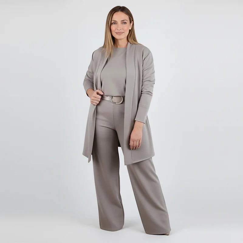Conjunto Chic de 3 Piezas: Cárdigan Largo, Blusa y Pantalones