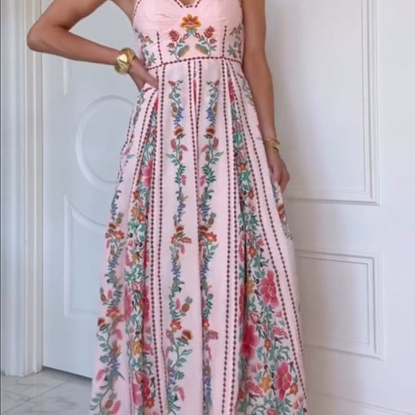 Faelira | Vestido Maxi con Tirantes de Cuentas y Estampado de Bosque