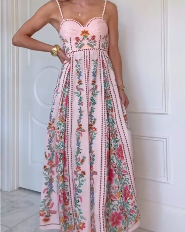 Faelira | Vestido Maxi con Tirantes de Cuentas y Estampado de Bosque