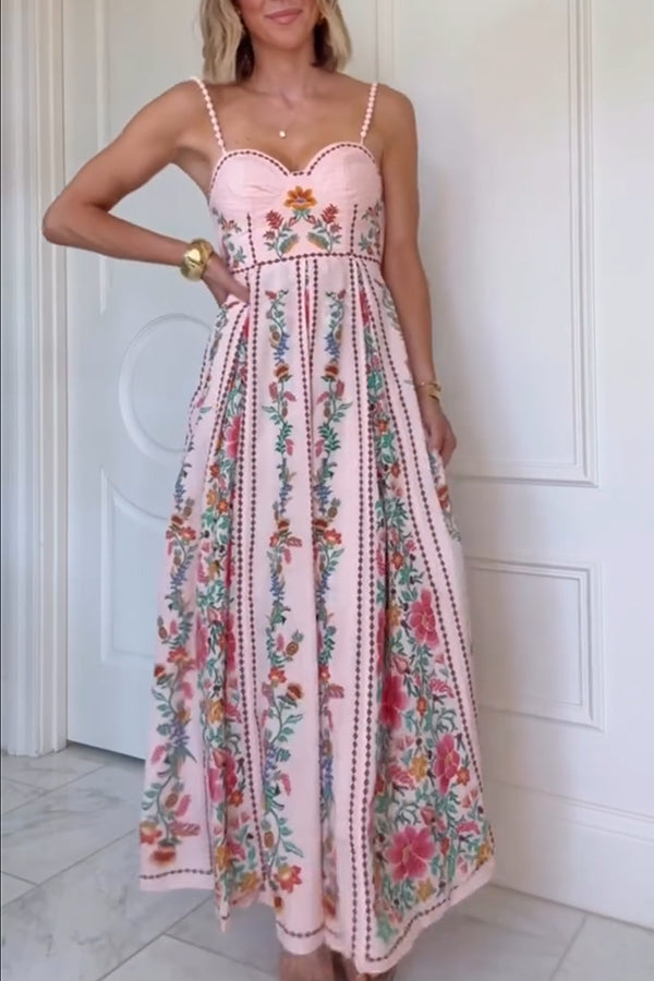 Faelira | Vestido Maxi con Tirantes de Cuentas y Estampado de Bosque