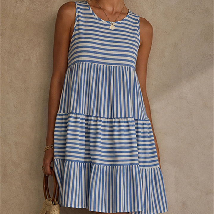 Vestido de Verano Boho a Rayas Sin Mangas con Volantes para Playa