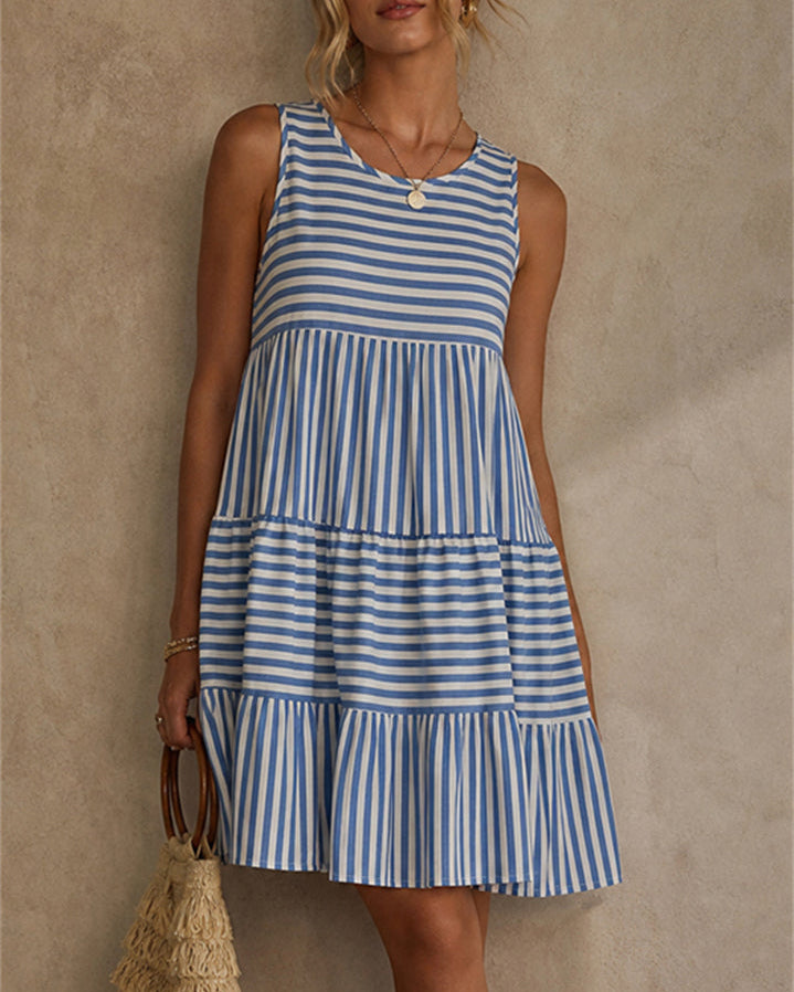 Vestido de Verano Boho a Rayas Sin Mangas con Volantes para Playa