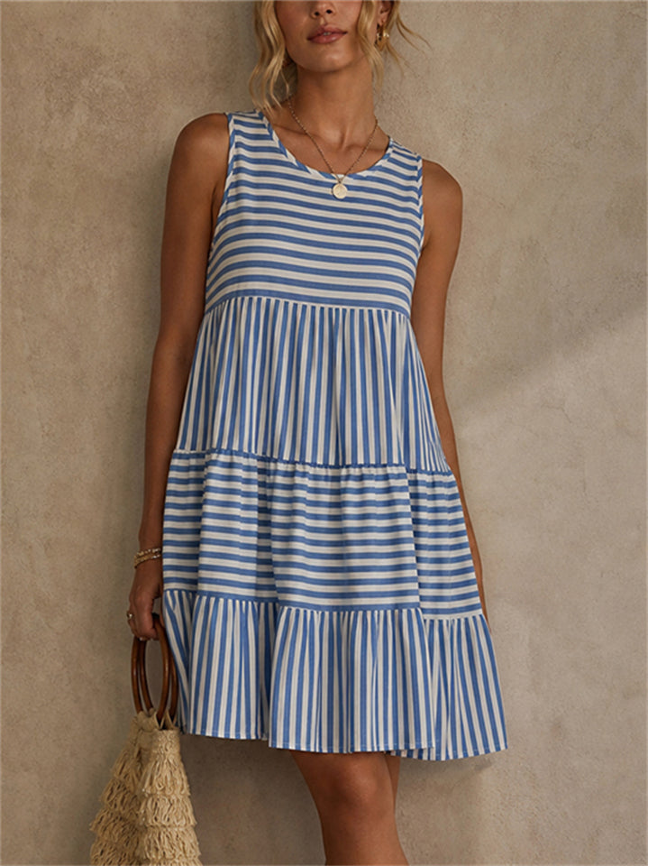 Vestido de Verano Boho a Rayas Sin Mangas con Volantes para Playa