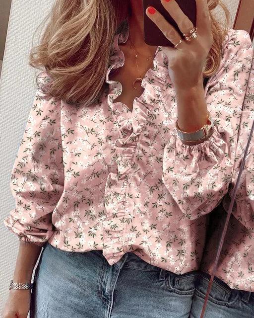 Belora | Blusa para mujer con volantes y escote en V de manga larga