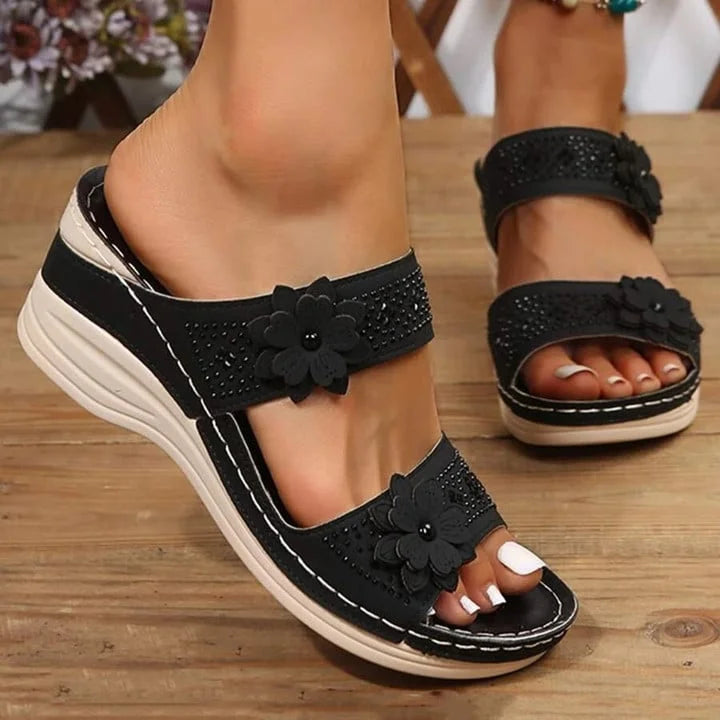 Yarael | Sandalias con cuña para mujer con tiras florales | Transpirables