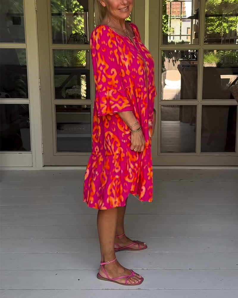 Vestido Rojo Con Estampado Y Mangas Tres Cuartos