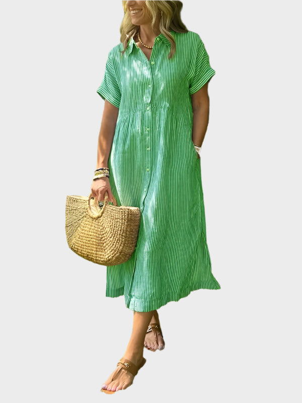 Vestido Camisero a Rayas con Solapas, Botones y Bolsillos Funcionales