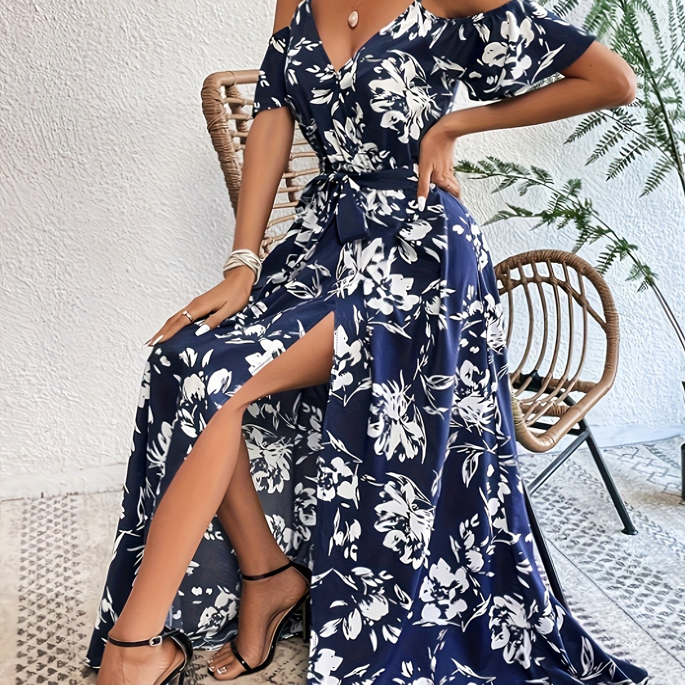 Vestido Sin Mangas de Impresión Floral con Alta Abertura para Mujeres