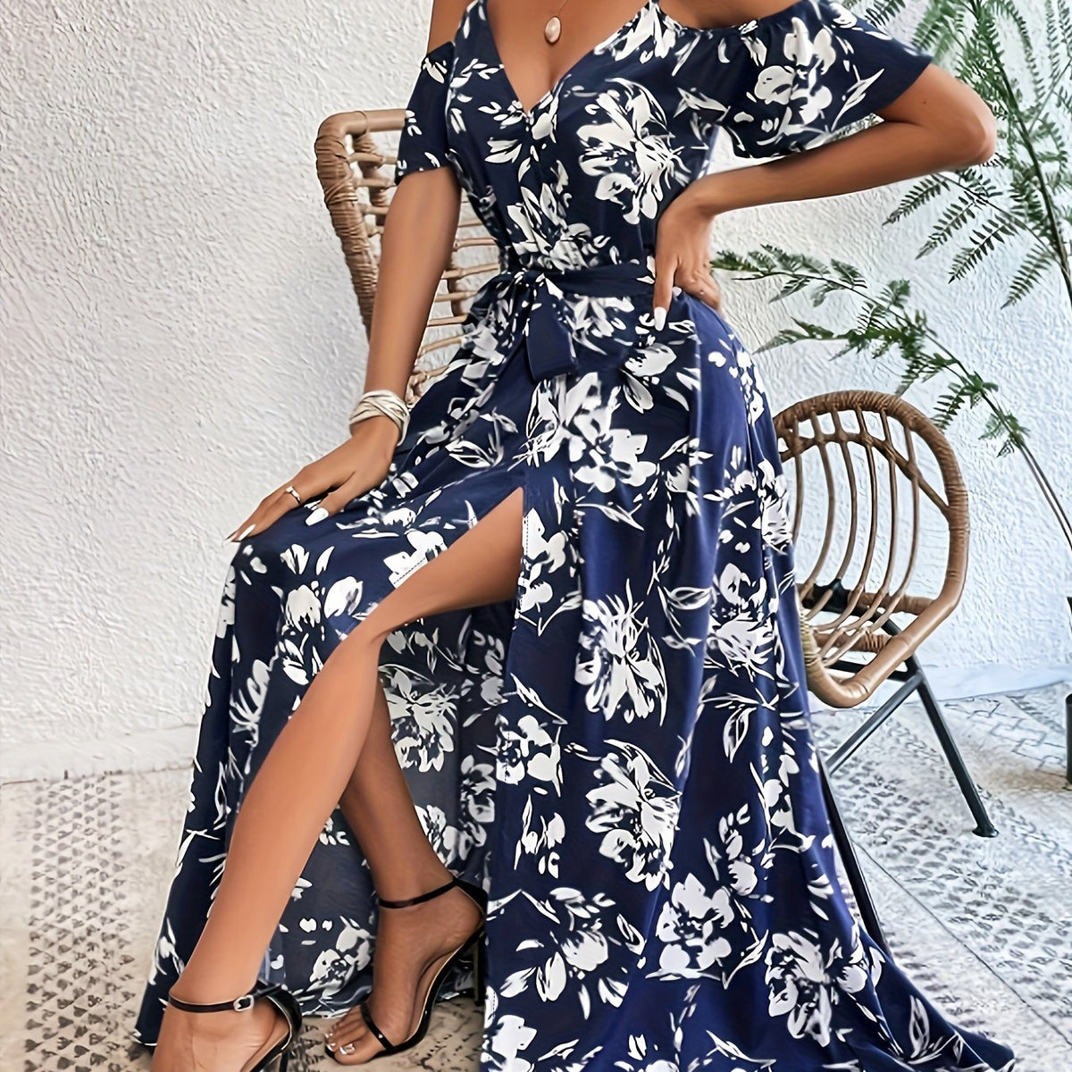 Vestido Sin Mangas de Impresión Floral con Alta Abertura para Mujeres