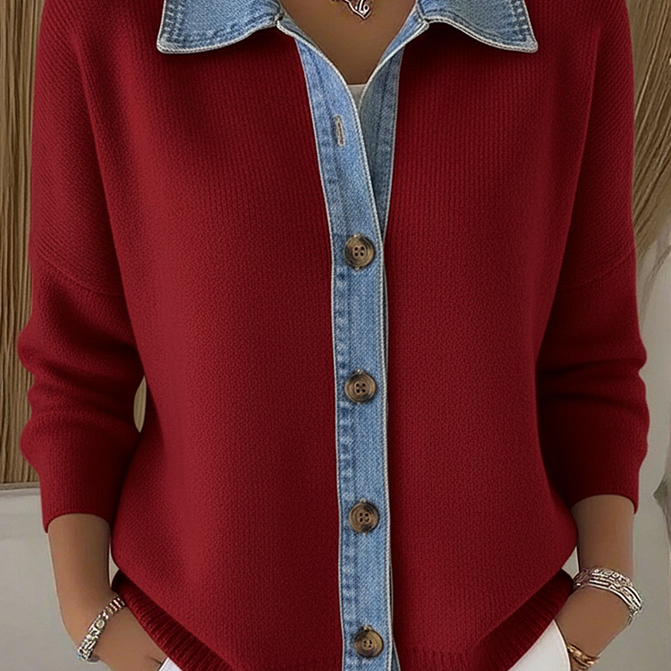 Cardigan de punto con cuello polo y parches de denim, con botones