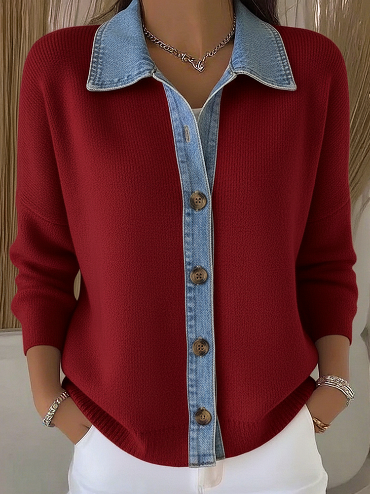Cardigan de punto con cuello polo y parches de denim, con botones