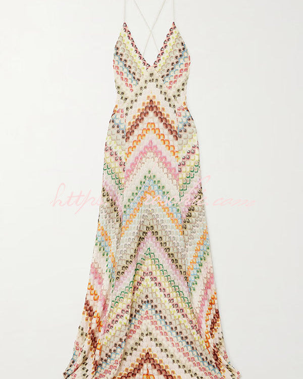 Vestido Maxi de Punto Herringbone Colorido con Espalda Abierta