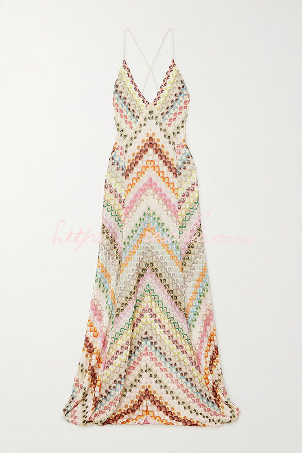 Vestido Maxi de Punto Herringbone Colorido con Espalda Abierta