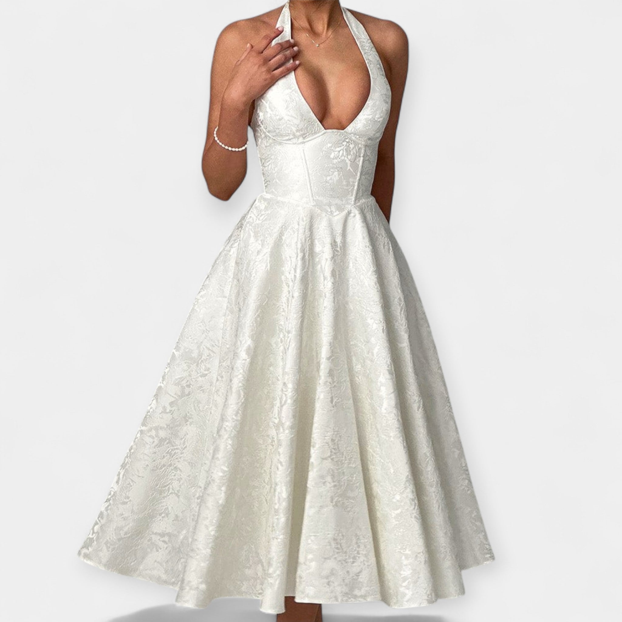 Vestido Midi con Espalda Abierta y Corsé Elegante