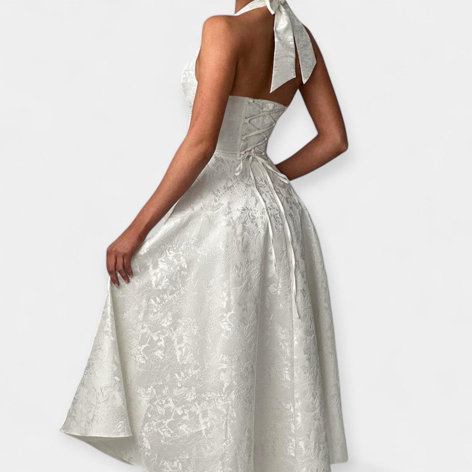 Vestido Midi con Espalda Abierta y Corsé Elegante