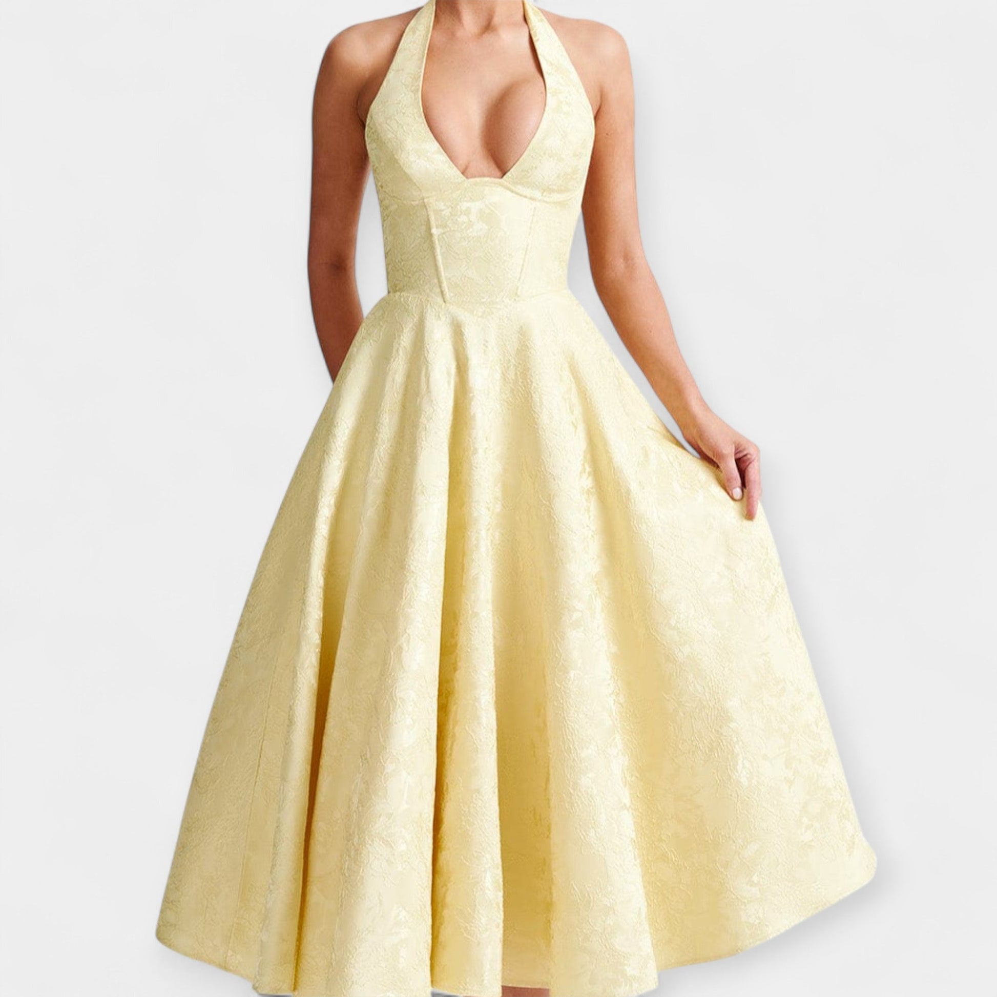Vestido Midi con Espalda Abierta y Corsé Elegante