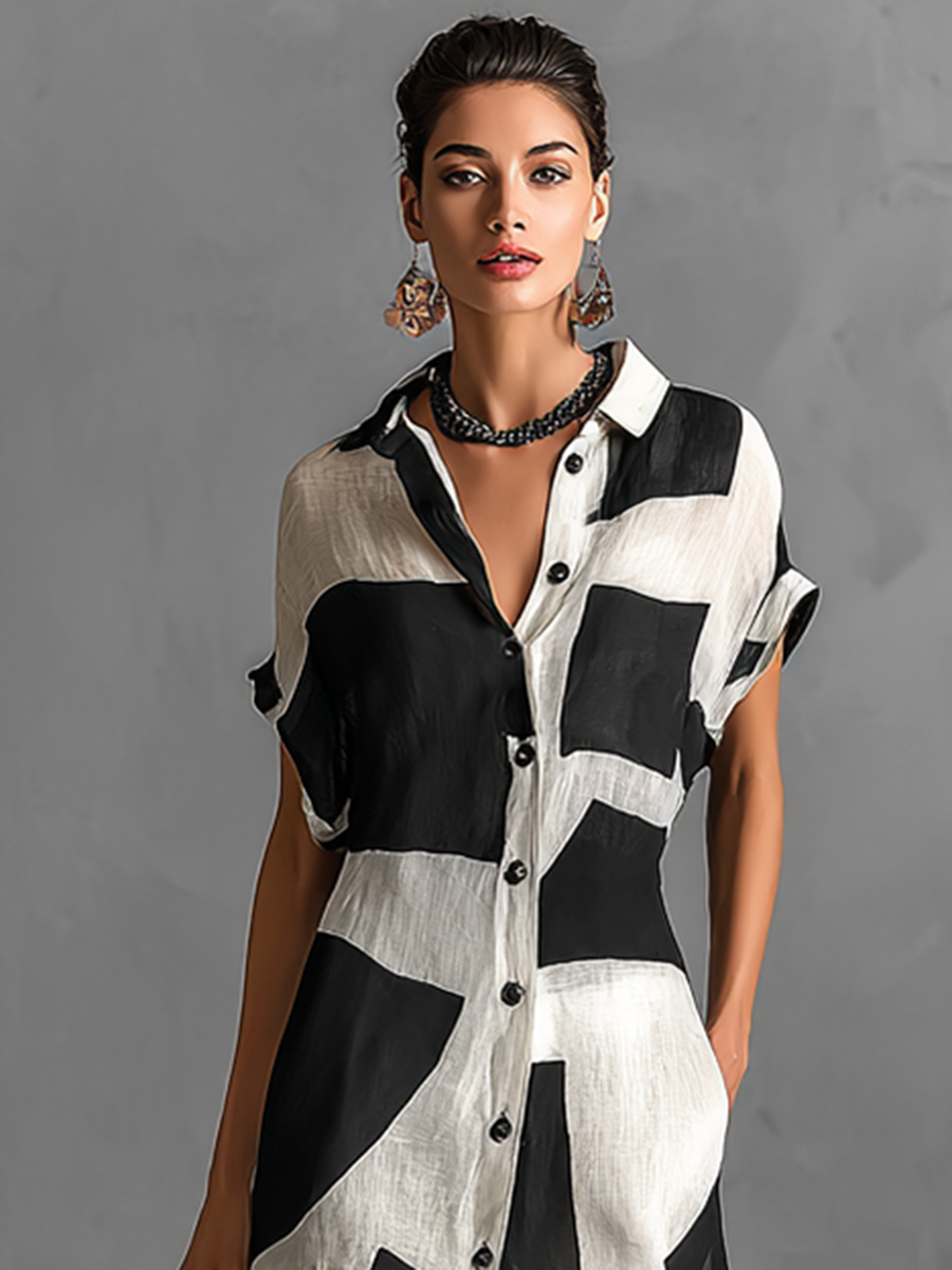 Vestido Maxi de Camisa de Manga Corta en Algodón y Lino con Estampado Geométrico