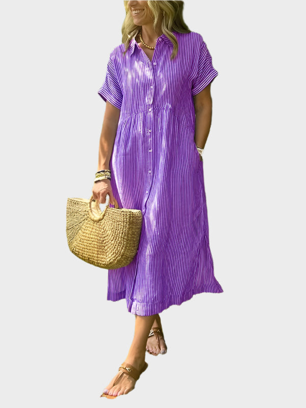 Vestido Camisero a Rayas con Solapas, Botones y Bolsillos Funcionales