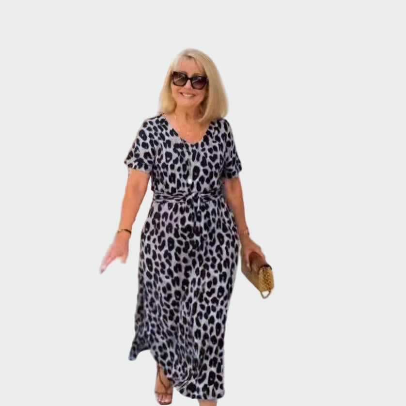 Vestido con Estampado de Leopardo y Impresionante Escote en V