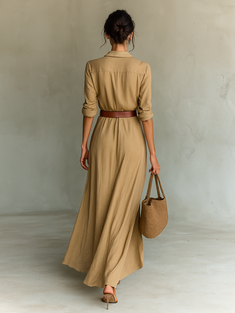 Vestido largo maxi con cuello de solapa para mujer, manga larga, cierre con un solo botón