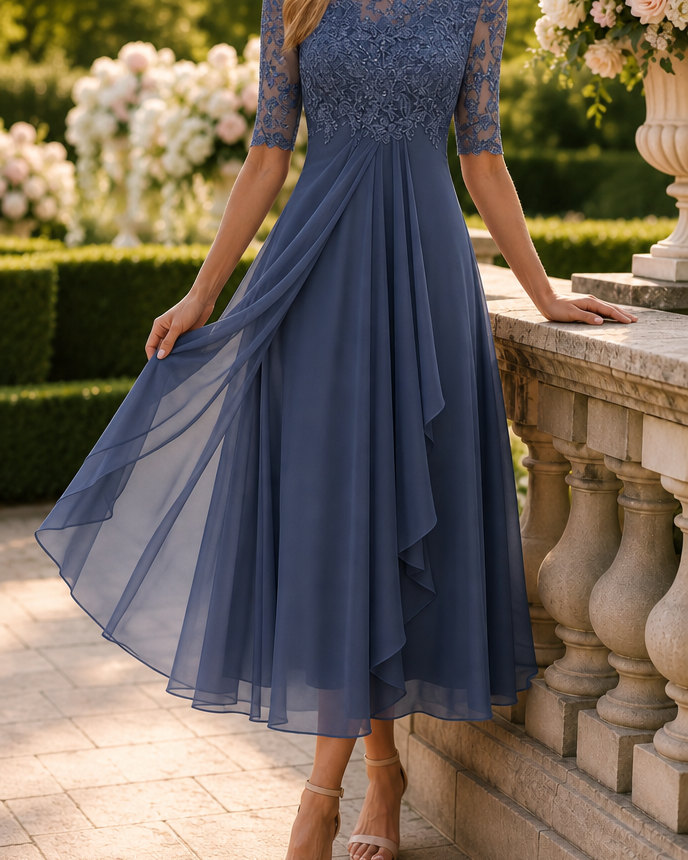 Vestido Elegante de Encaje con Falda Acampanada para Mujeres