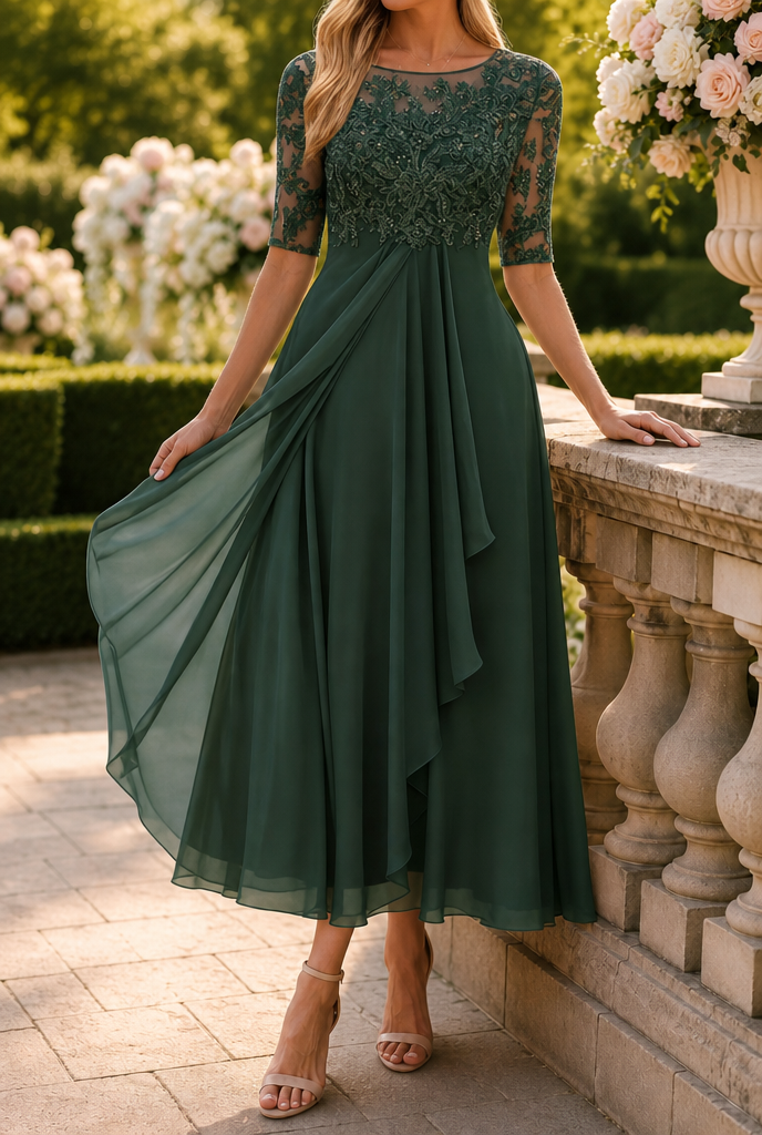Vestido Elegante de Encaje con Falda Acampanada para Mujeres