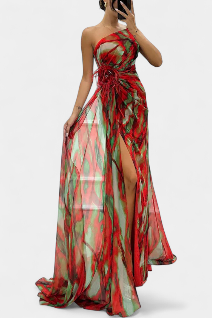 Aylin Vestido Maxi Asimétrico con Estampado Vibrante