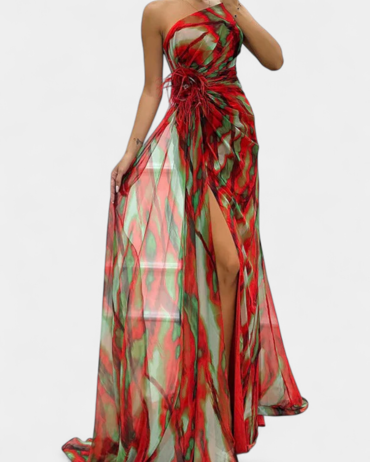 Aylin | Vestido Maxi Asimétrico con Estampado Vibrante
