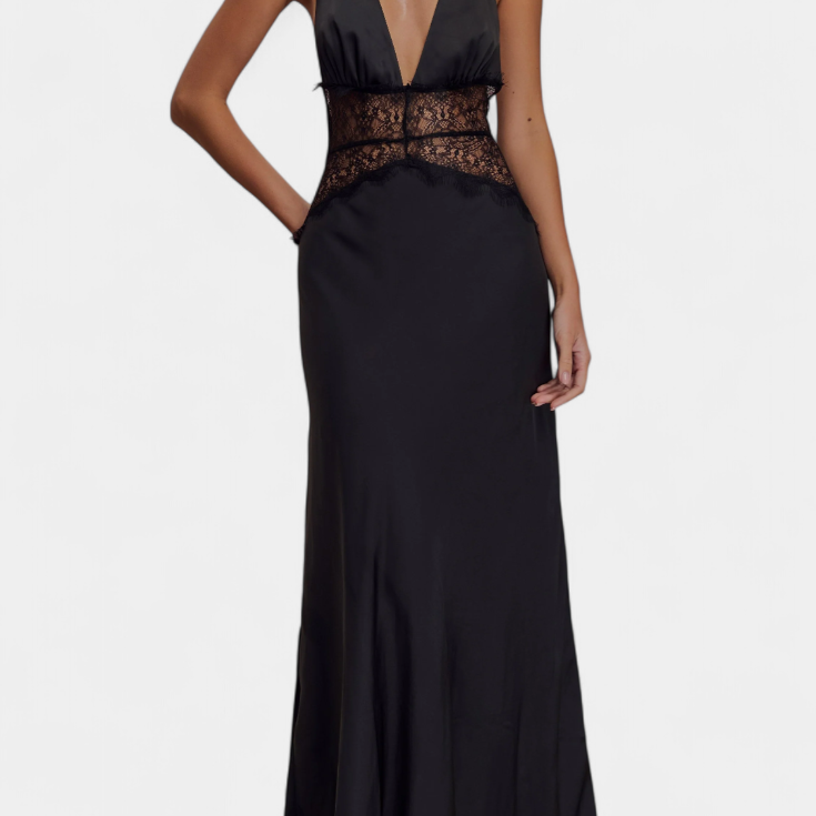 Ashanty Vestido Largo con Escote Halter y Cintura de Encaje Transparente