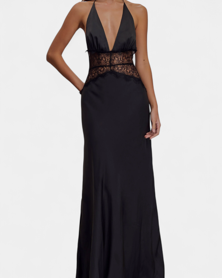 Ashanty Vestido Largo con Escote Halter y Cintura de Encaje Transparente