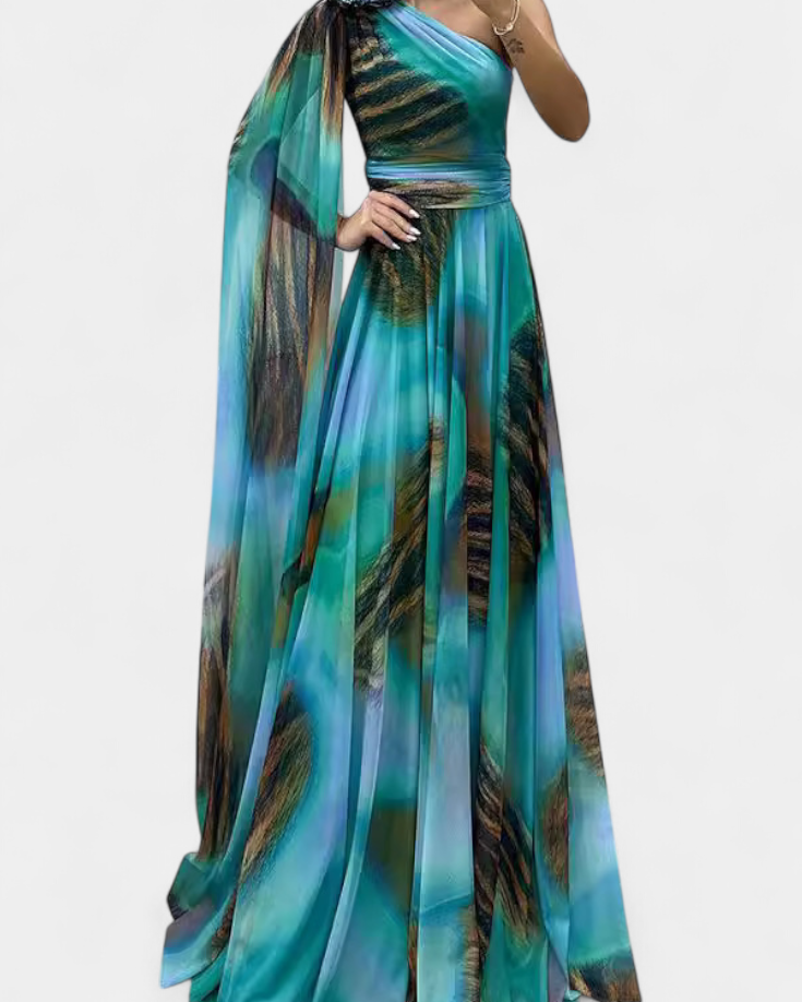 Cedara | Vestido Largo de Un Hombro con Detalle Floral