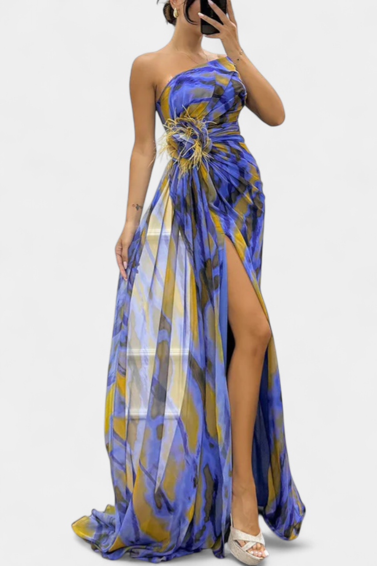 Aylin Vestido Maxi Asimétrico con Estampado Vibrante
