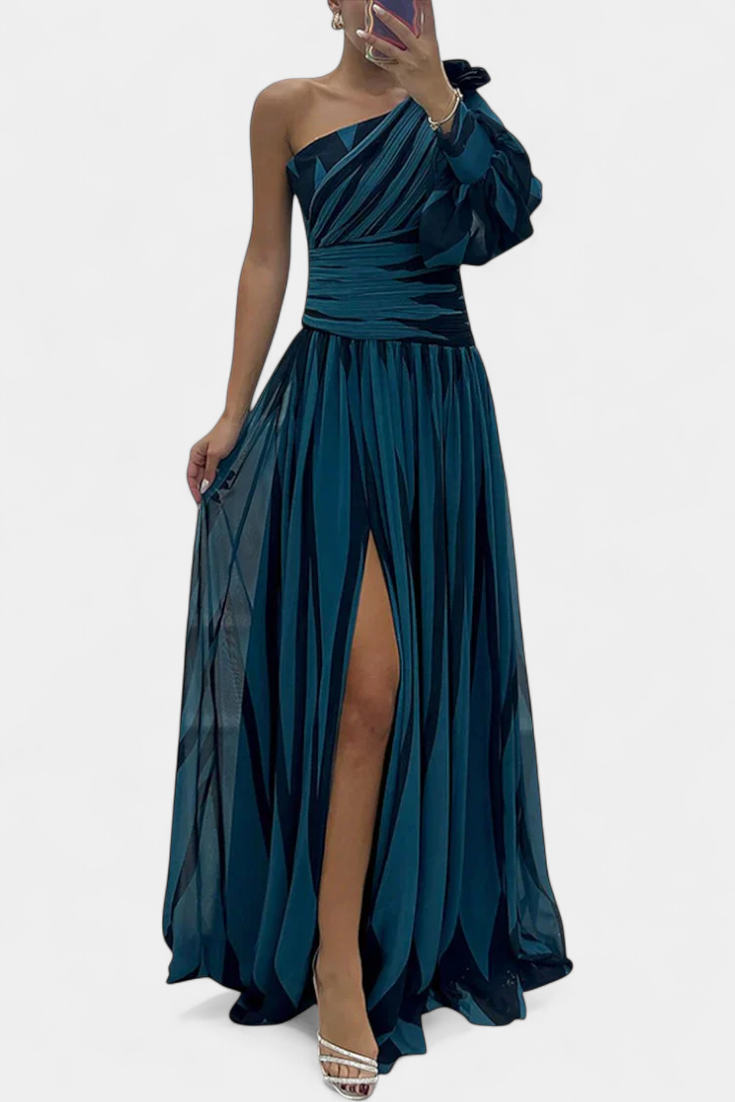 Bethania Vestido Maxí Elegante de Rayas con Un Solo Hombro