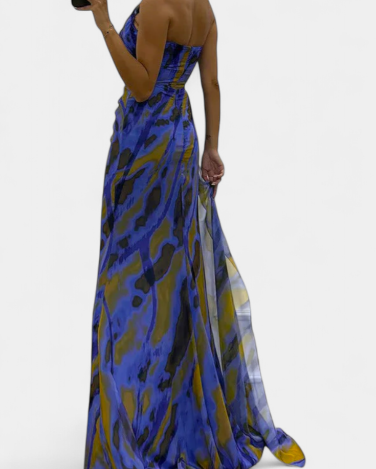 Aylin Vestido Maxi Asimétrico con Estampado Vibrante