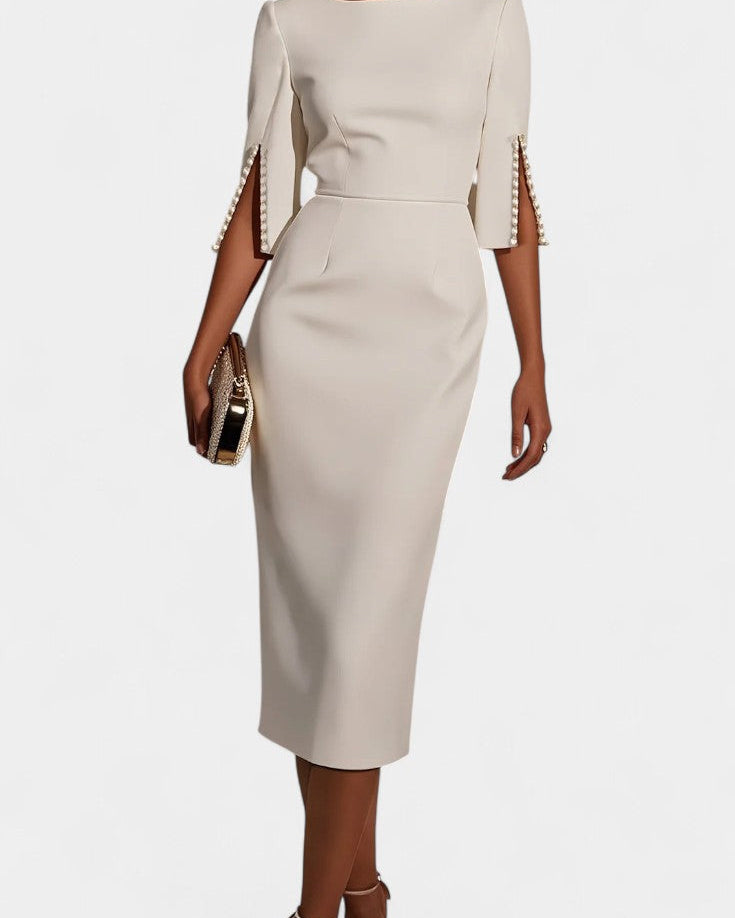 Reece Vestido Midi con Perlas y Cuello Redondo