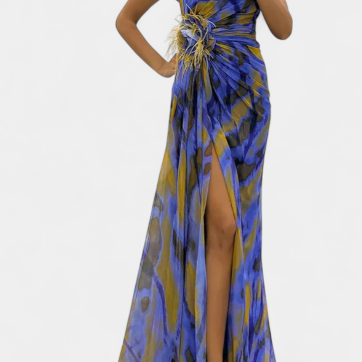 Aylin | Vestido Maxi Asimétrico con Estampado Vibrante