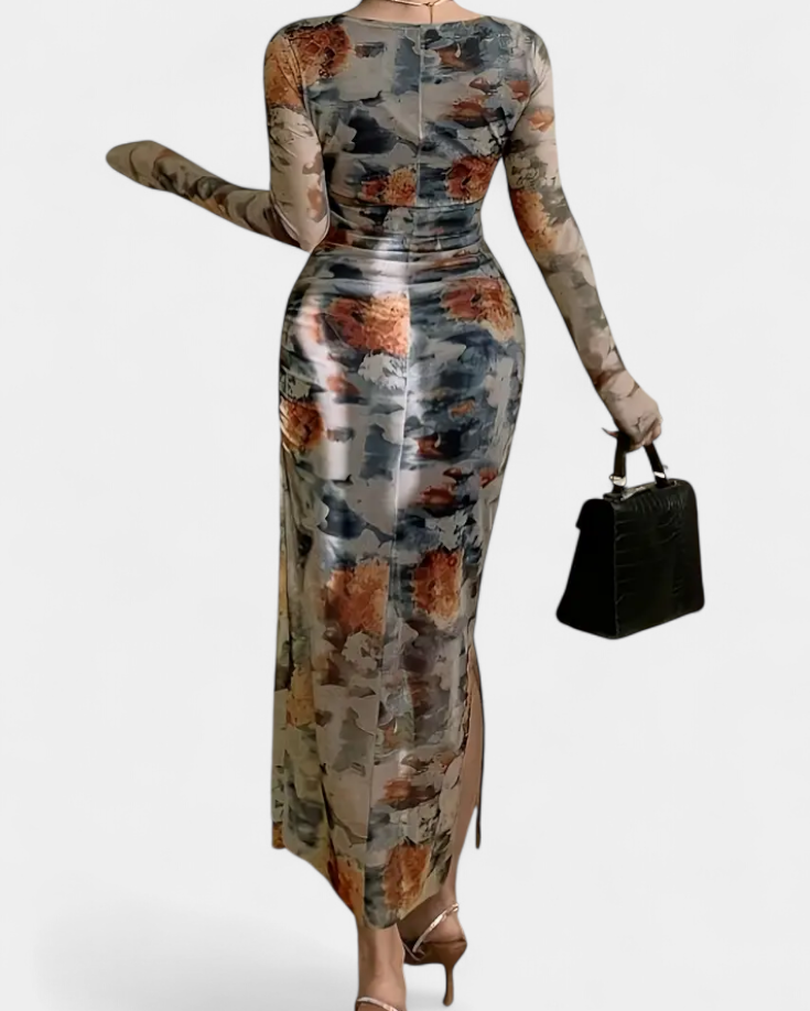 Jaenia Vestido Ajustado con Estampado Floral y Cuello Cuadrado