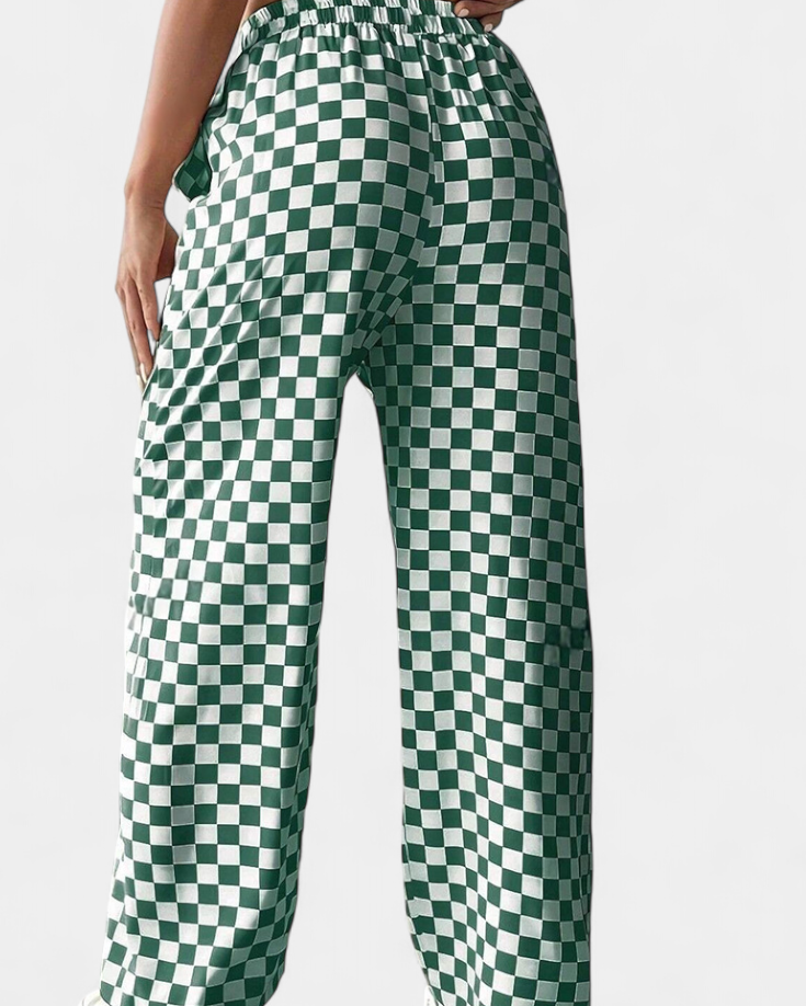 Hilaria Pantalones de Pierna Ancha con Estampado a Cuadros