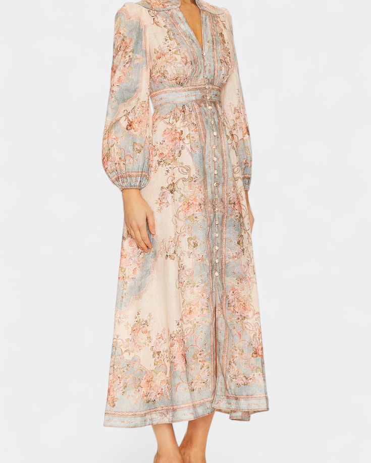 Dorotila Vestido Maxi Acampanado con Estampado Floral, Botones y Mangas Globo