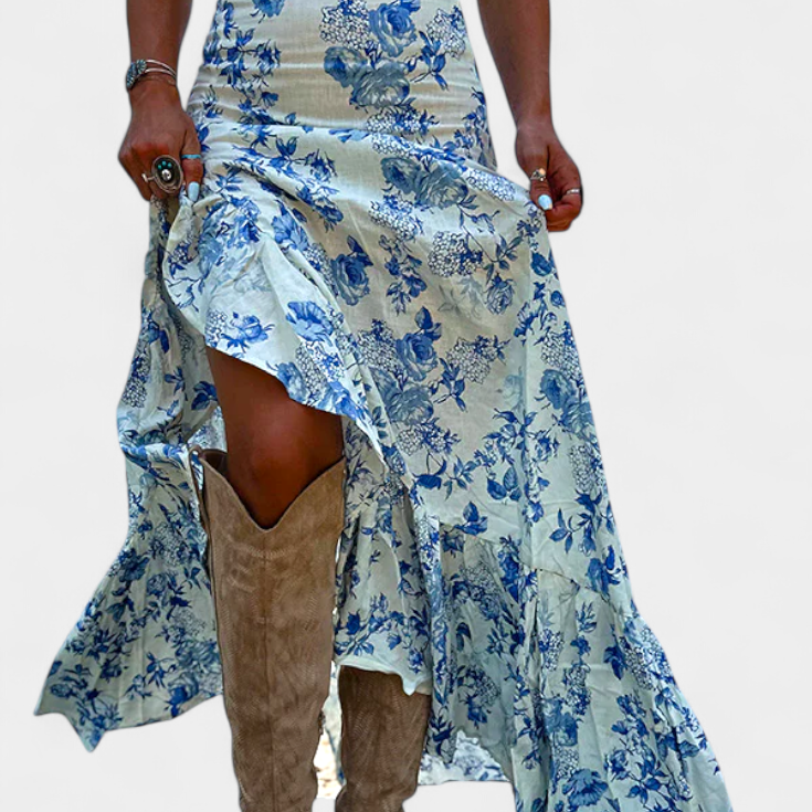 Kala Falda Maxi Floral con Abertura y Volantes